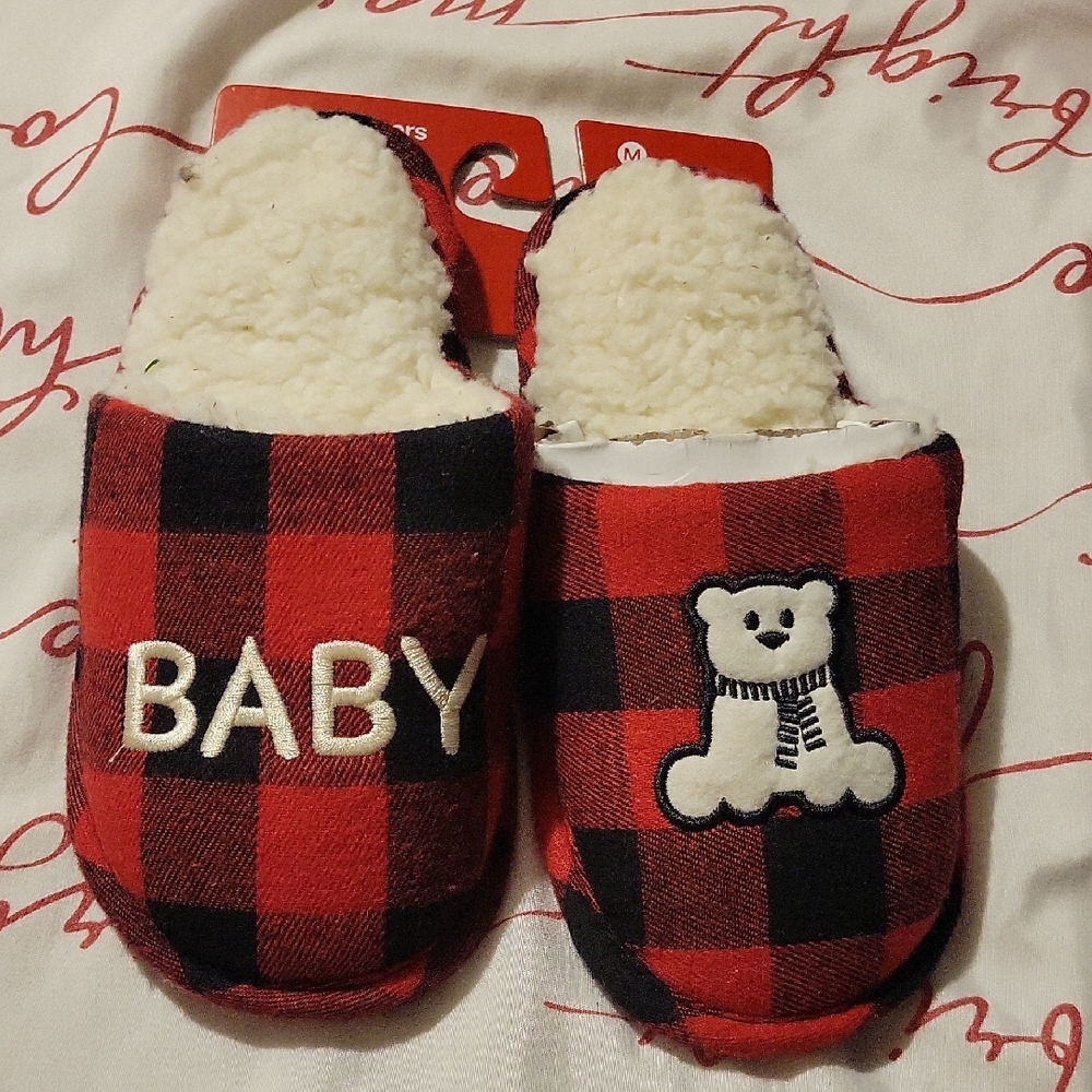 Red Plaid Baby Slippers with Bear Design